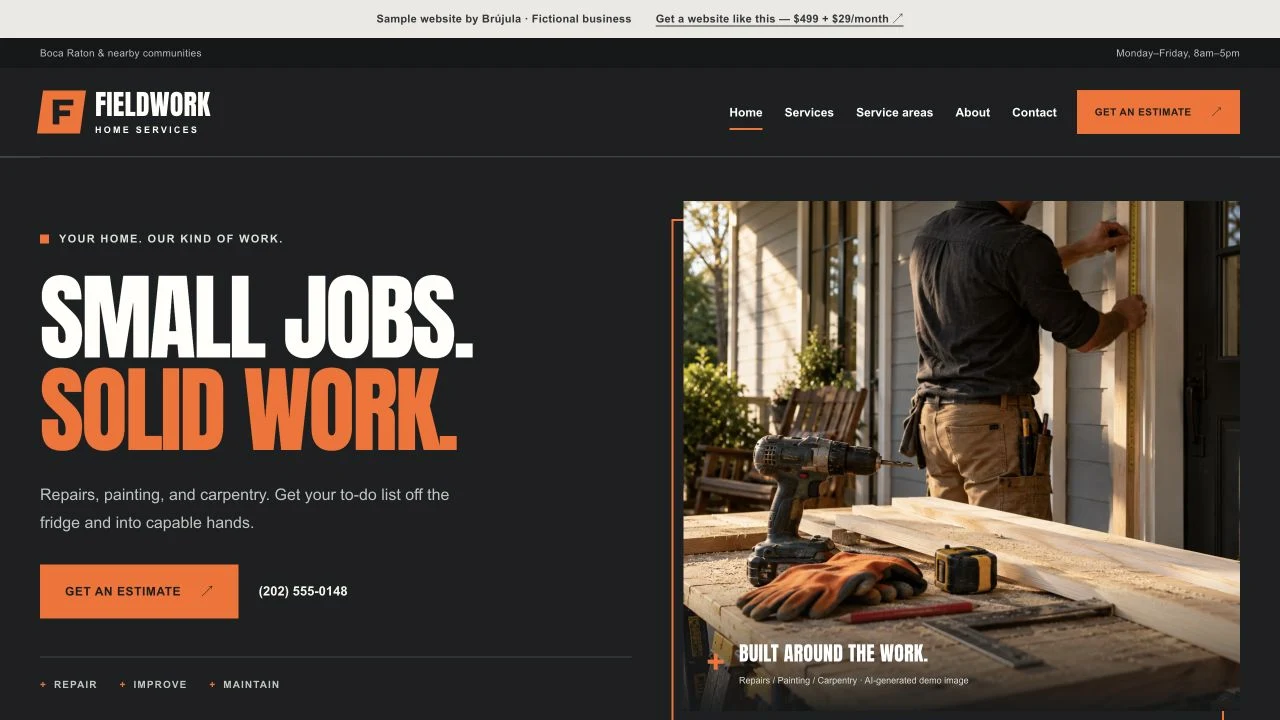 Fieldwork demo with a dark header, orange buttons, and home services