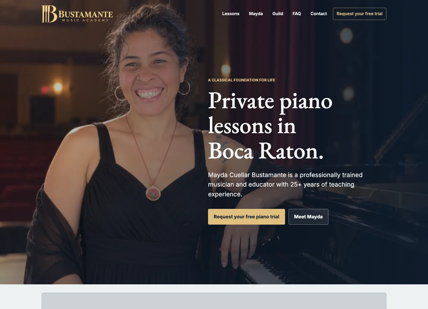 Bustamante Music Academy’s public homepage with its piano-lesson offer and trial inquiry link.
