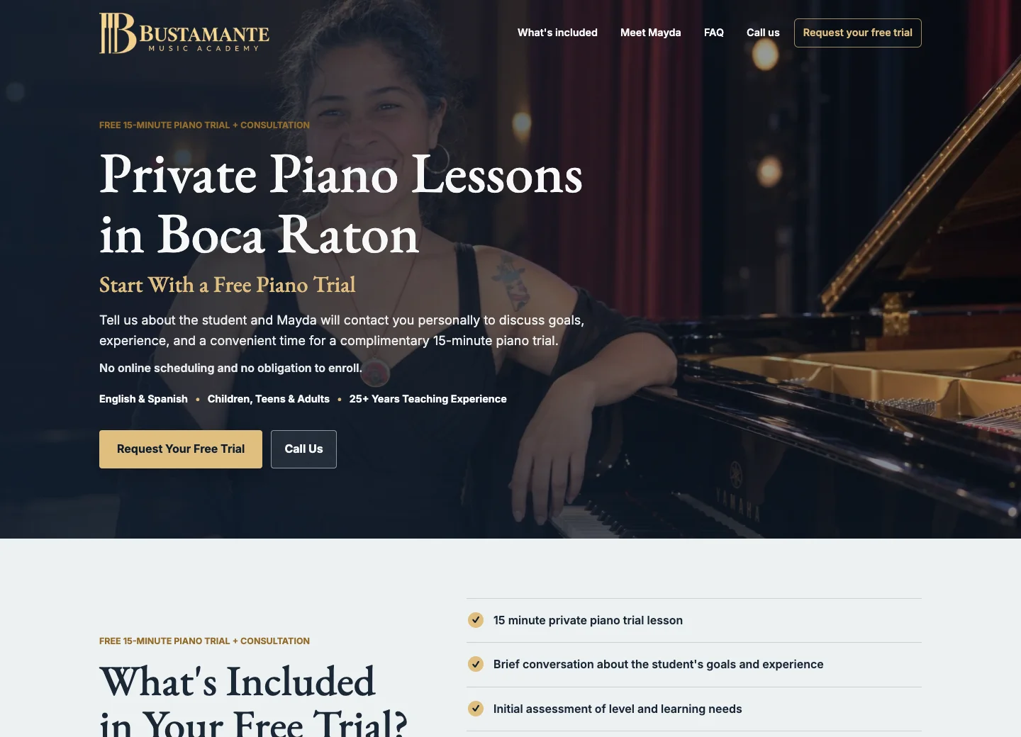 Bustamante Music Academy’s dedicated page for prospective students to request a trial lesson.
