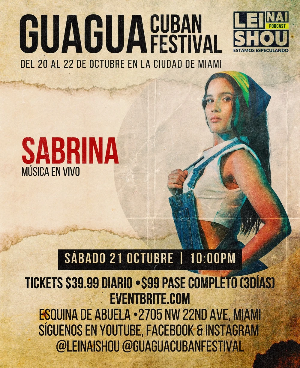 Guagua festival promotional artwork for Sabrina, combining an artist portrait with performance and ticket information.