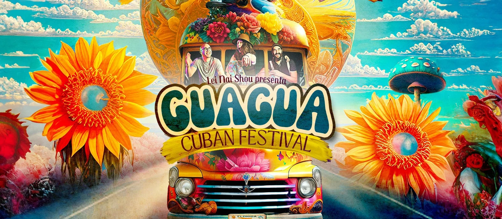 Guagua Cuban Festival campaign artwork with a colorful bus, sunflowers, and the festival wordmark.