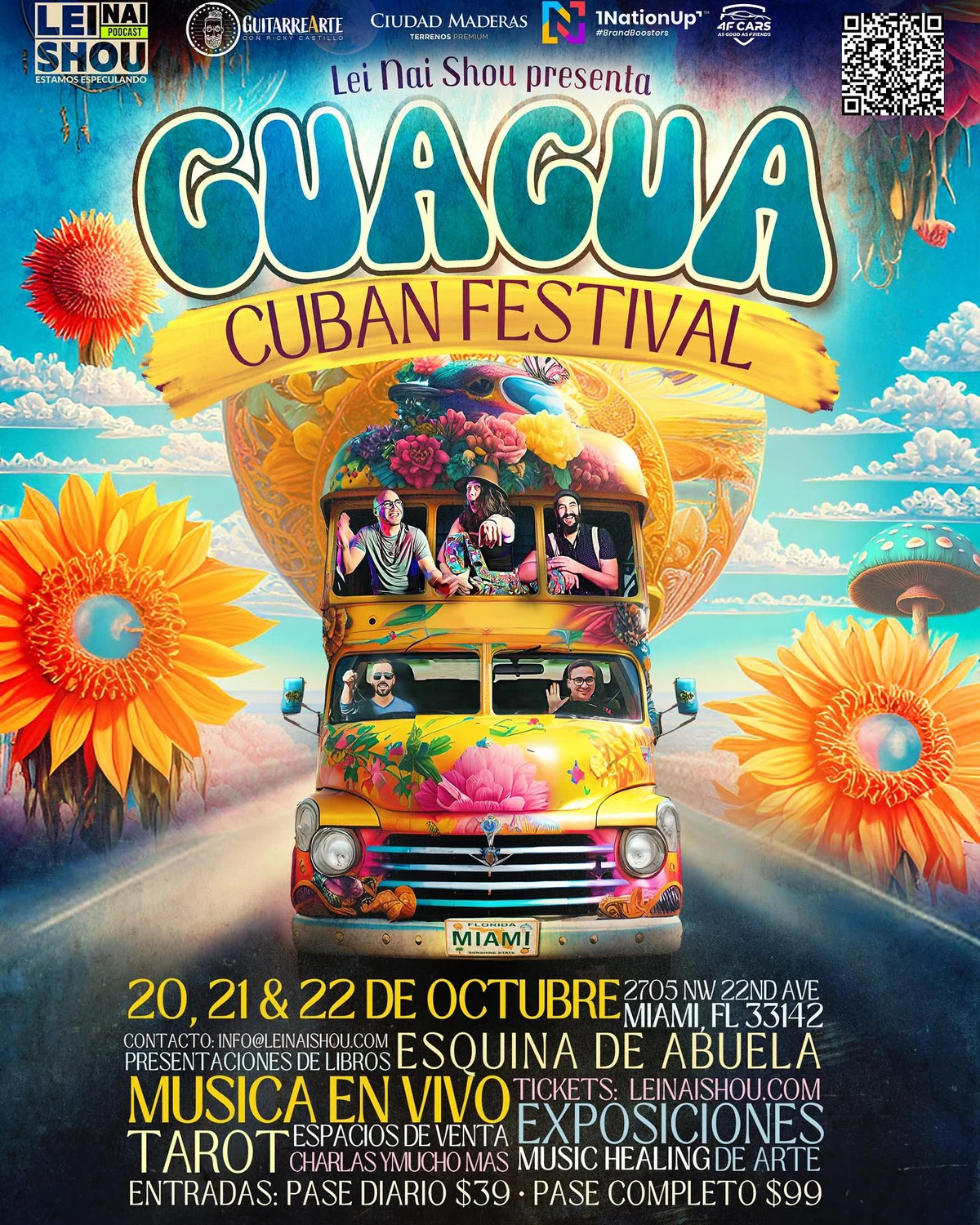 Guagua Cuban Festival poster with the illustrated bus, event dates, and venue information.