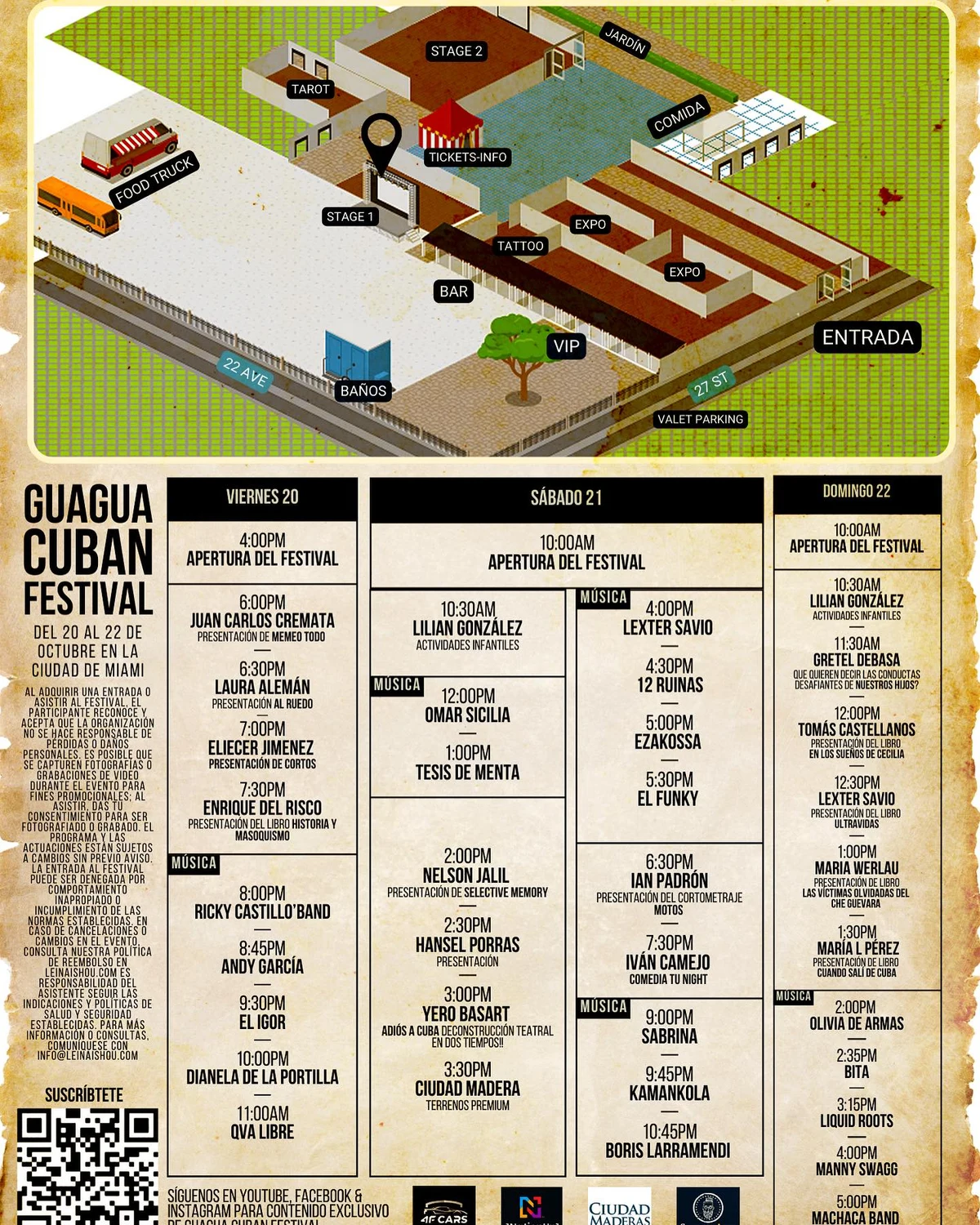 Guagua festival guide combining an illustrated venue map with the three-day performance schedule.