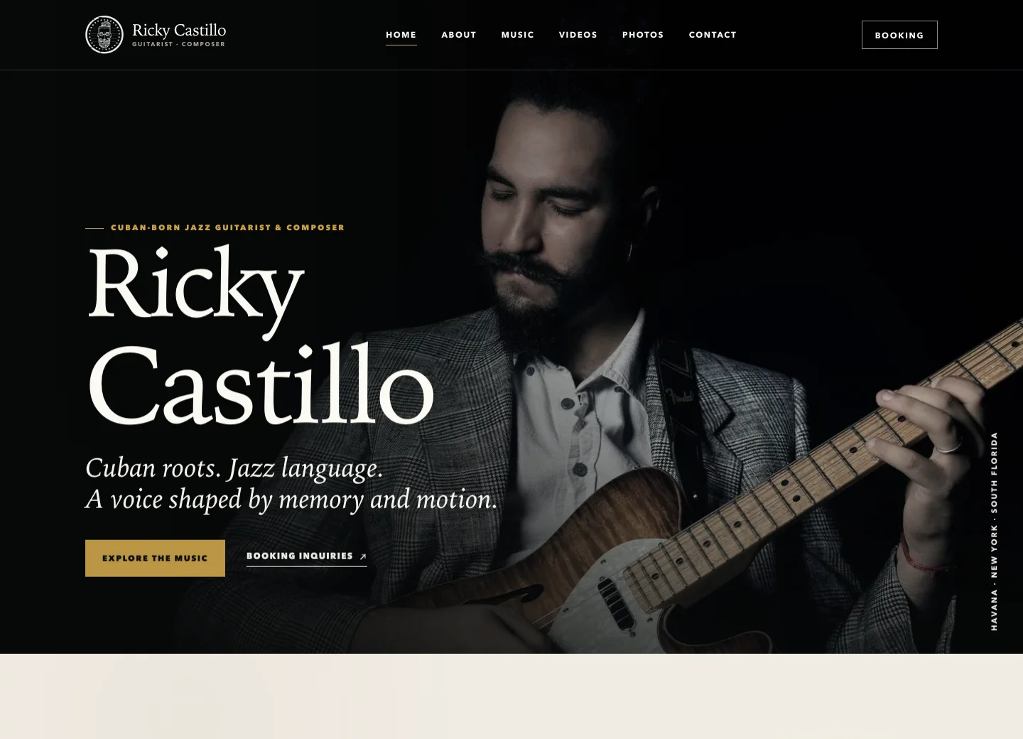 Ricky Castillo Music’s public homepage with artist positioning and booking navigation.